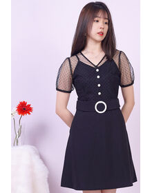 Polka Dot Mesh Overlay White Buckle Dress (Black)